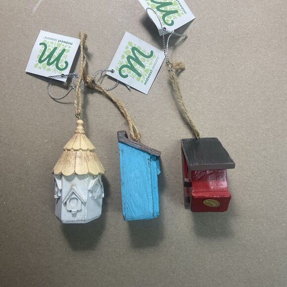 Midwest Ornaments Blue White Red  NWT Birdhouse Hanging Christmas  Lot of 3 - Picture 6 of 6